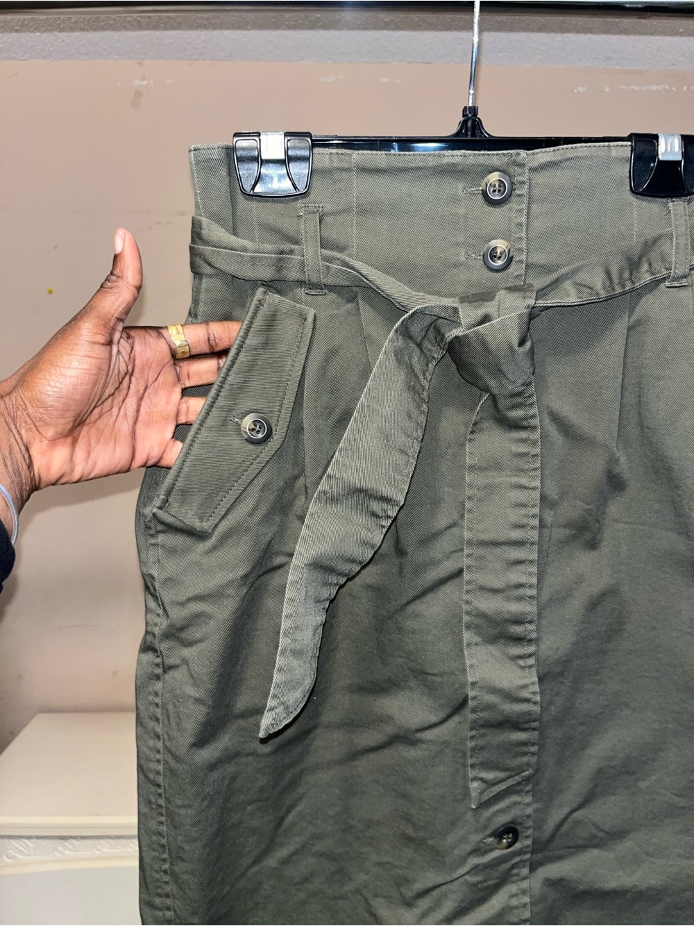 H&M Olive Green Utility Midi Skirt with Tie Belt